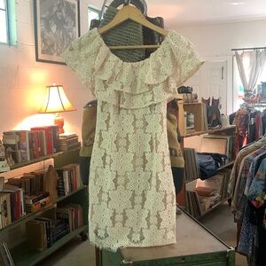 White Lace over Beige Mini Dress by WAYF